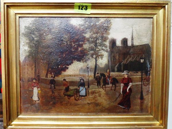 English Provincial School (19th century), Figures on a road outside a church, oil on board, 20cm x 26cm. H1