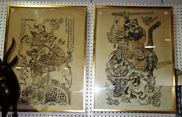A Japanese woodblock print of a temple, 22cm. by 34cm., framed and glazed; also a pair of large prints of Chinese figures and a smaller pair of Chines