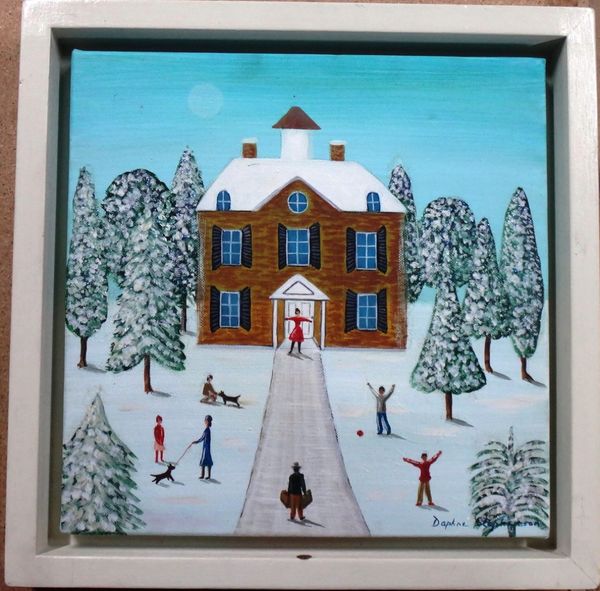 Daphne Stephenson (20th century), Figures in the snow before a house, oil on canvas, signed, 30cm x 30cm. H1