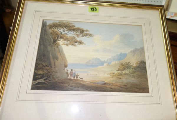 Circle of William Payne, figures on the shore, watercolour, 20 x 28cm.  Property from the estates of the late Adrian Stanford and Norman St John-Steva