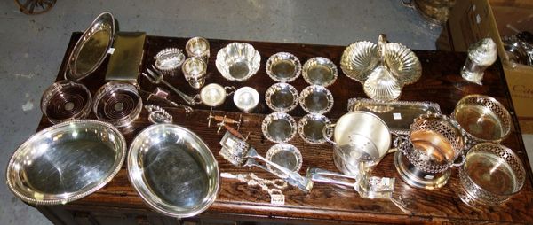 A quantity of assorted silver plate including galleried tray, bottle coasters, hot water jug and sundry.  S2B