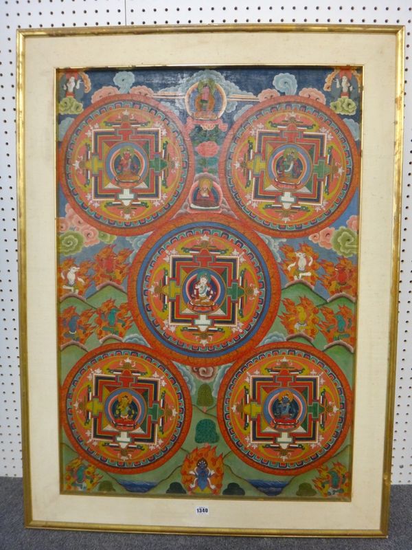A large Tibetan thangka depicting five Mandalas, oil on linen laid on board, each roundel enclosing a central seated deity, against a landscape ground