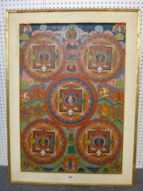A large Tibetan thangka depicting five Mandalas, oil on linen laid on board, each roundel enclosing a central seated deity, against a landscape ground
