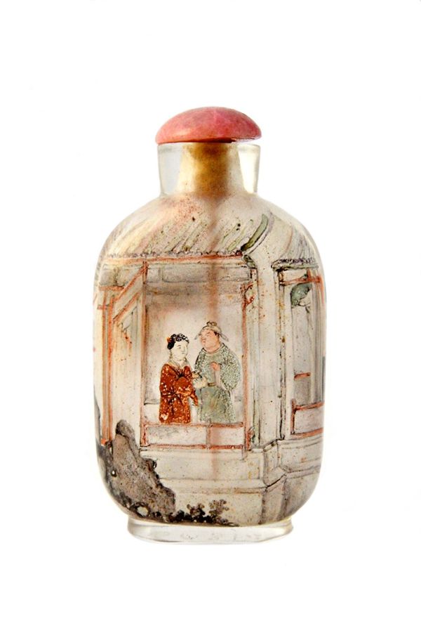 A Chinese inside painted glass snuff bottle signed Tang Zichuan, early 20th century, painted on one side with two figures in a sampan , another seated