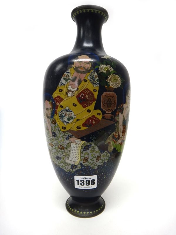 A Japanese blue ground cloisonne vase, Meiji period, of flattened ovoid form, worked with a Buddha and three seated attendants beside vases of flowers