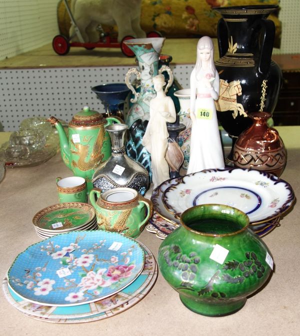 A quantity of ceramics including Lladro type figures, Oriental tea set, Greek style vase and sundry.   S4M