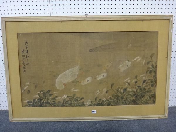 A Chinese painting of a duck and ducklings, 19th century, ink and colour on silk, inscribed and with two seals, 99cm. by 53cm., framed.