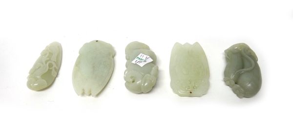 Five Chinese pale celadon jade carvings, comprising; a peapod pendant; an eggplant; a bird in branches pendant and two cicada, largest 7cm. high.