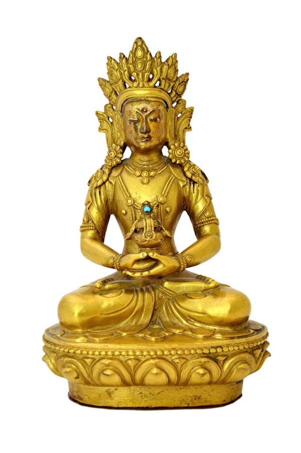 A Tibetan gilt-bronze figure of Amitayus, 19th century, the bodhisattva seated cross-legged on a lotus pedestal, the hand in dhyana mudra holding the