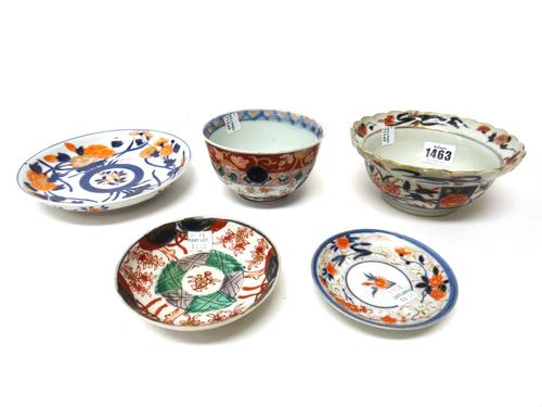 A group of Japanese Imari wares ,various dates, comprising a fluted bowl, circa 1700, painted with panels of chrysanthemum and peony, 14.5cm. diameter