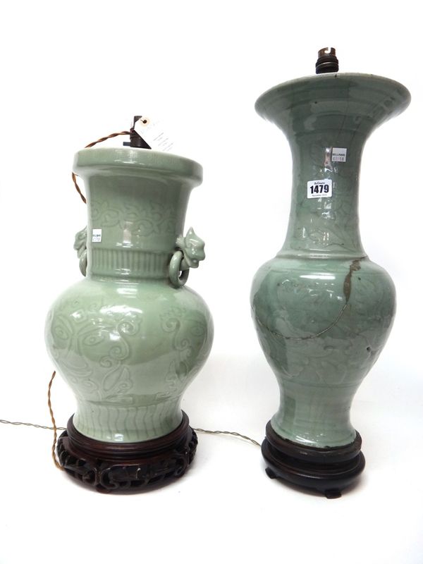 A Chinese celadon yen-yen vase, decorated with flowers, (a.f), 46cm. high, adapted as a lamp with wood stand; and another celadon vase adapted as a la