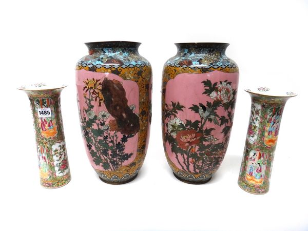 A pair of Canton famille-rose beaker vases, late 19th century, painted with panels of figures and birds in branches, (a.f); and a pair of Japanese pin