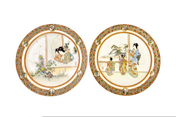 A pair of Japanese plates by Kinkozan, Meiji period, one painted with a woman and two children, the other with a woman and child observing a cockerel