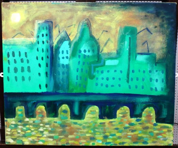 Aniqa B (contemporary), City in green, oil on canvas, inscribed on reverse, unframed, 50cm x 61cm. M1