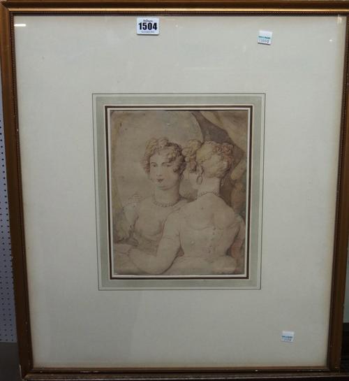 Manner of Thomas Rowlandson, A lady looking at her reflection in a glass, pen, ink and sepia wash, bears a signature, 25cm x 20cm.