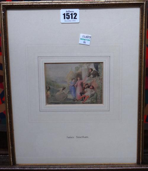 James Smetham (1821-1889), Outside a cottage, watercolour, signed with monogram and dated 1846, 7.5cm x 9.5cm.