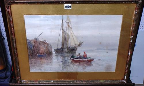 Arthur Wilde Parsons (1854-1931), Two masted Schooner leaving quay, watercolour, signed and dated 1902, 30cm x 45cm.