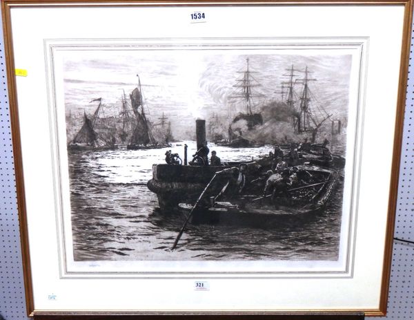 William Lionel Wyllie (1851-1931), Tugs and other shipping at sunset, etching, bears a signature, 43cm x 55cm.