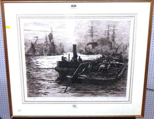 William Lionel Wyllie (1851-1931), Tugs and other shipping at sunset, etching, bears a signature, 43cm x 55cm.