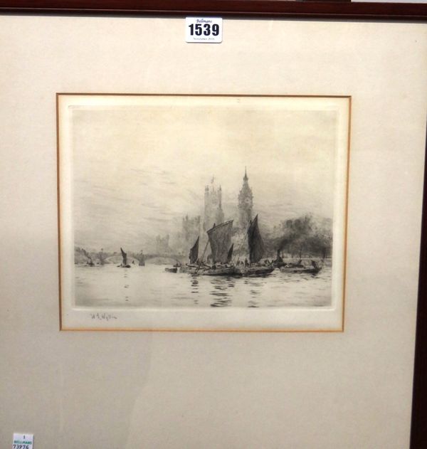 William Lionel Wyllie (1851-1931), Vessels on the Thames near Westminster, etching, signed in pencil,18.5cm x 23cm.