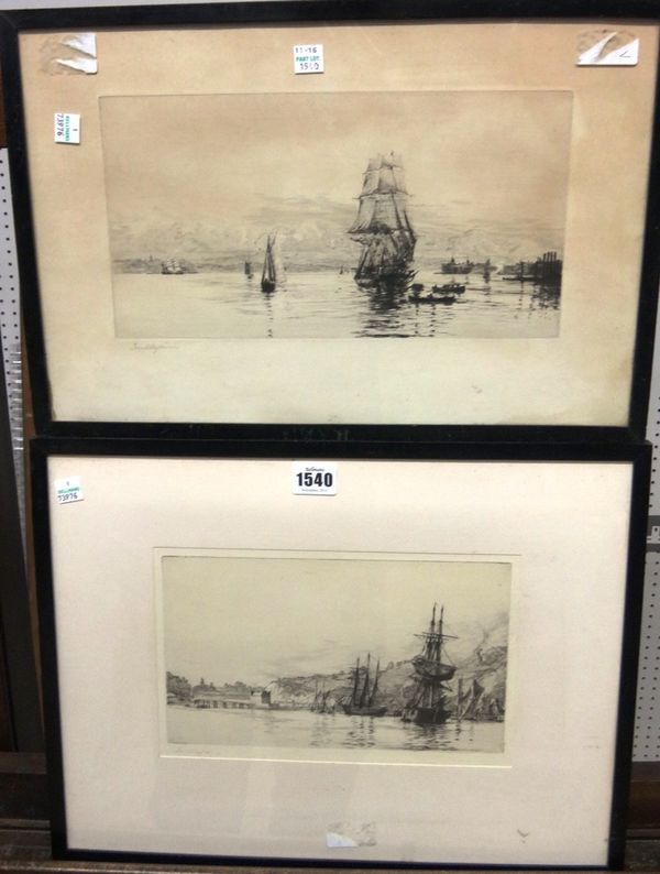Harold Wyllie (1880-1973), Shipping off the coast; Harbour scene, two etchings, both signed, the larger 16cm x 30cm.(2)