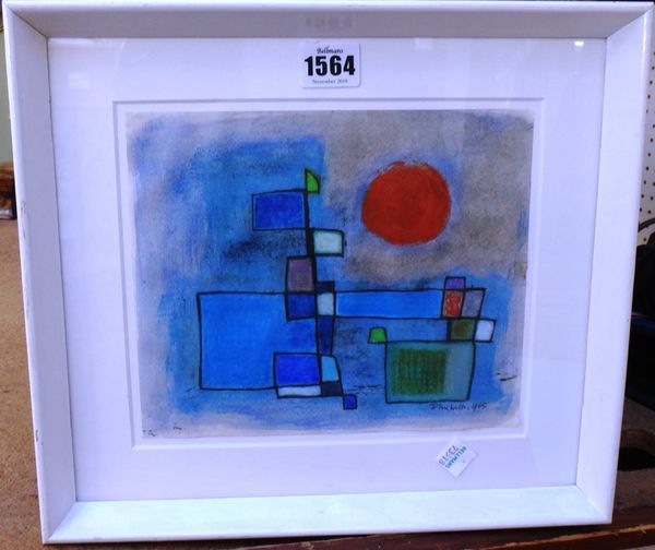 John Wells (1907-2000), Blue Square with red sun, crayon, signed and dated 1965, 18cm x 21cm. DDS