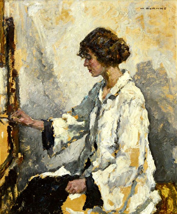 Wilhelm Blanke (1873-1943), Woman painting at an easel, oil sketch on board, signed, 59cm x 49cm. Illustrated.