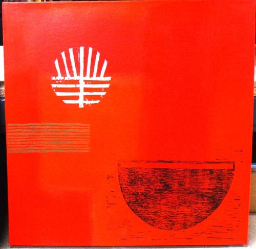 Sam Topping (contemporary), Abstract in red with sun and bowl, acrylic on canvas, signed and dated 2000 on overlap, unframed, 50.5cm x 51cm. DDS