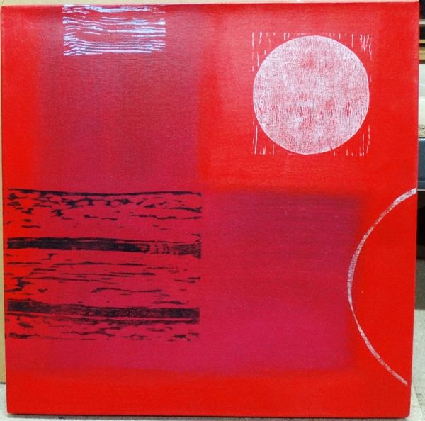 Sam Topping (contemporary), Abstract with moon in black and red, acrylic on canvas, signed and dated 2000 on overlap, unframed, 51cm x 50.5cm. DDS