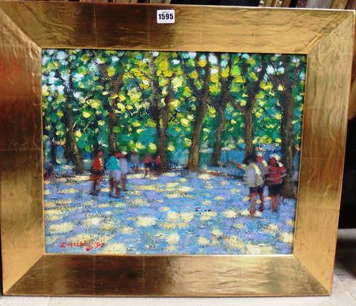 John Mackie (b.1953), Playing pétanque, Varlas near Béziers, 1998, , oil on canvas, signed and dated '99, 39cm x 49cm. DDS
