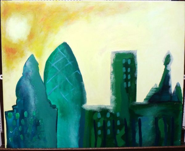 Jessica (contemporary), City in green, oil on canvas, inscribed on reverse, unframed, 50.5cm x 61cm.M1