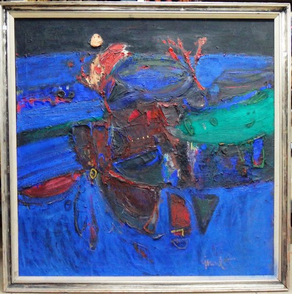 ** Grant (20th century), Abstract in blue, red and green, oil on canvas, signed, 127cm x 127cm.