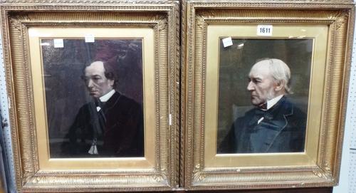 English School (19th century), Portrait of William Ewart Gladstone; Portrait of Benjamin Disraeli, a pair, oil on board, possibly over a printed base,