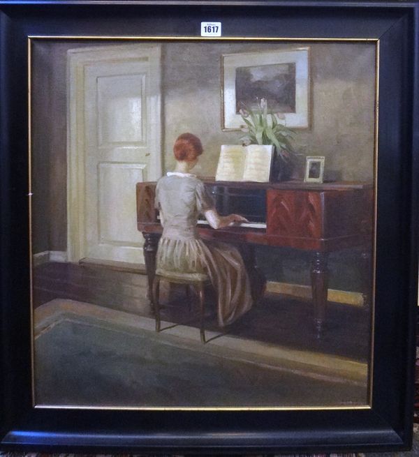 Soren Josva Christensen (1892-1948), Interior with a lady playing the piano, oil on canvas, signed, 59cm x 54cm.