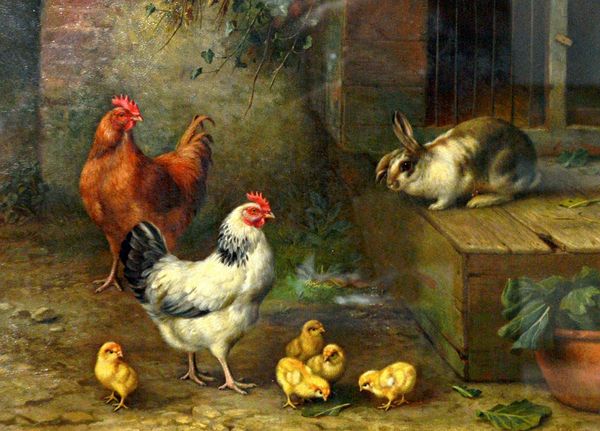 Edgar Hunt (1876-1953), Poultry and pigeons; Hens, chicks and rabbit, a pair, oil on canvas, both signed and dated 1918, each 25cm x 35cm.(2) DDS  Ill