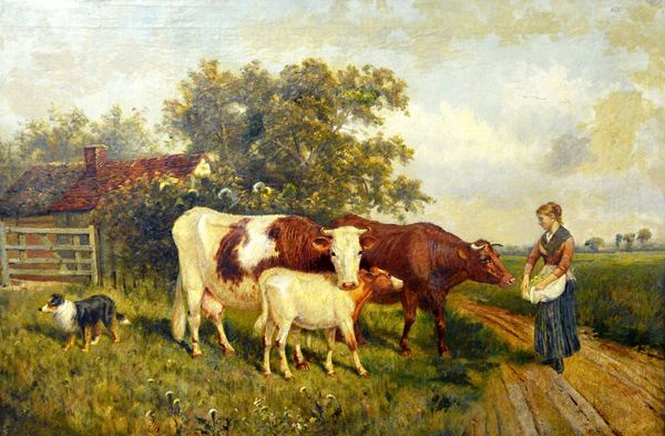 William Weekes (fl.1864-1904), Cattle and milkmaid, oil on canvas, signed and dated 1894, 50cm x 75cm. Illustrated.
