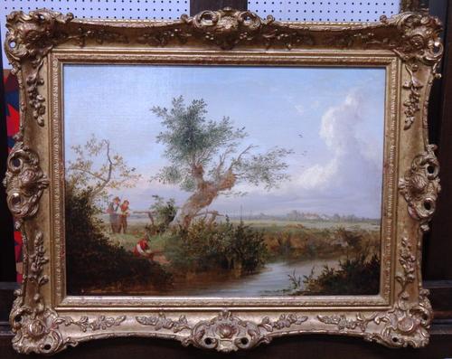 Circle of Edward Charles Williams, Fishermen by a stream, oil on canvas, 29cm x 40cm.