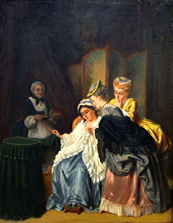 Petrus Theodorus van Wyngaert (1816-1893), A visit to the newborn, oil on panel, signed and dated 1870, 34.5cm x 26.5cm. Illustrated.