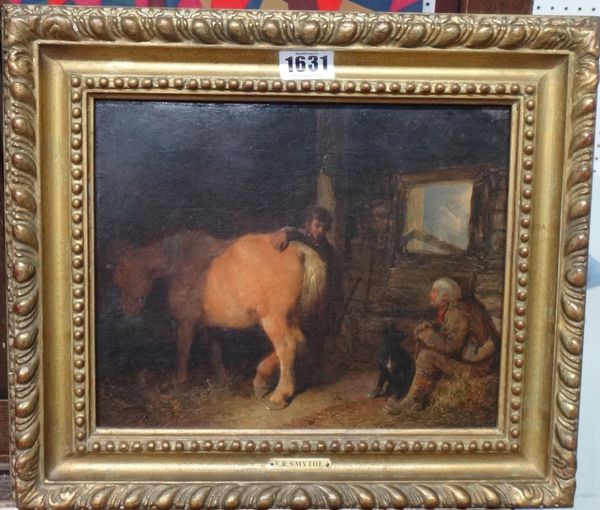 Attributed to Edward Robert Smythe (1810-1899), In the stable, oil on canvas, bears a signature, 20cm x 24cm.