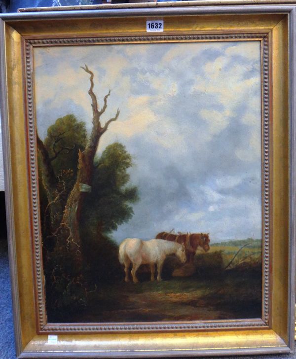 Circle of Edward Robert Smythe, Ponies waiting near a tree, oil on panel, 54cm x 43cm.