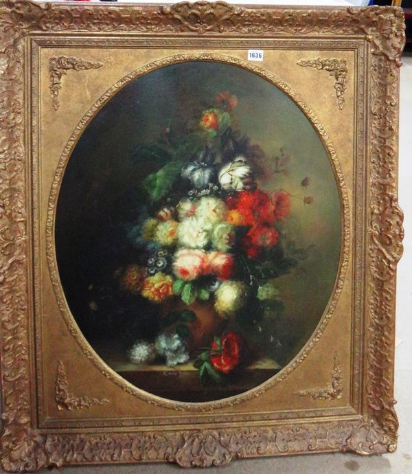 Chinese School (20th century), Floral still life, oil on panel, bears a signature, oval, 74cm x 61cm.