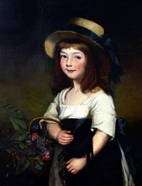 English School (c.1800), Portrait of a young girl holding a basket of flowers, oil on canvas, unframed, 76.5cm x 64cm. Illustrated.