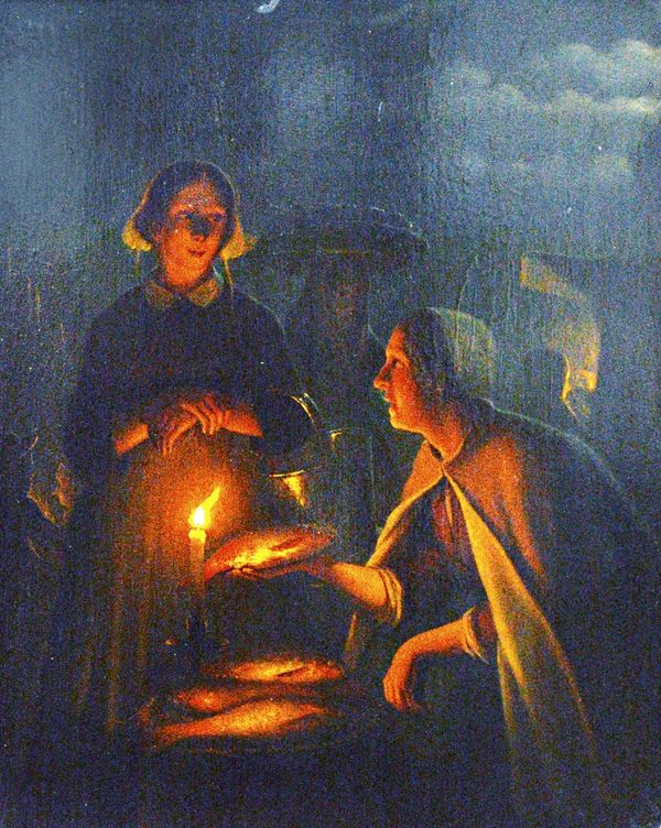 Follower of Petrus van Schendel, Maidservant and fish-seller by candlelight, oil on panel, 36cm x 28.5cm. Illustrated.