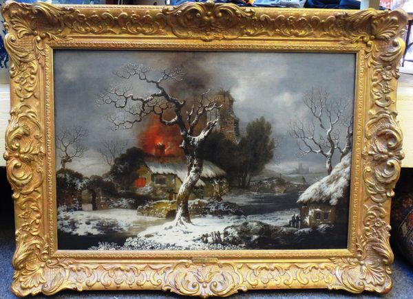 George Smith of Chichester (1714-1776), A burning cottage in a winter landscape, oil on canvas, 42cm x 62cm.