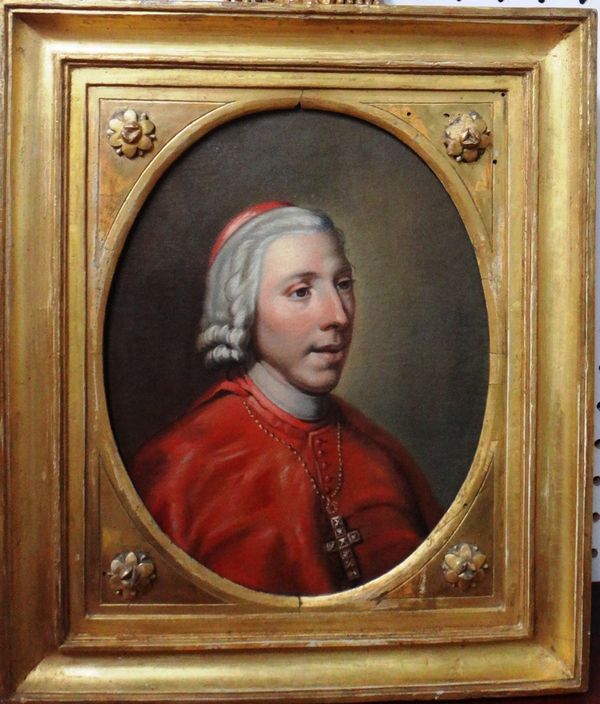 After Hugh Douglas Hamilton, Portrait of Henry Benedict Maria Clement Stuart, Cardinal York, oil on canvas, oval, 26cm x 20cm.; in a gilt frame surmou