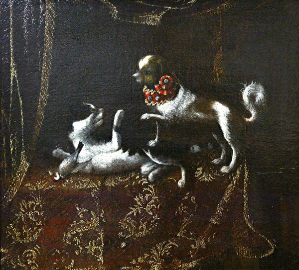 Circle of Francesco (Il Maltese) Fieravino, A dog with a cat and a bird on a table, oil on canvas, 49cm x 53.5cm. Illustrated.