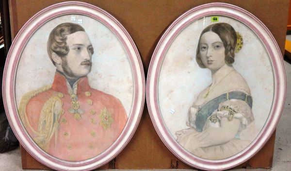 After Winterhalter, Portrait of Queen Victoria; Portrait of Prince Albert, a pair of stipple engravings with hand colouring, oval, each 70cm x 53cm.(2