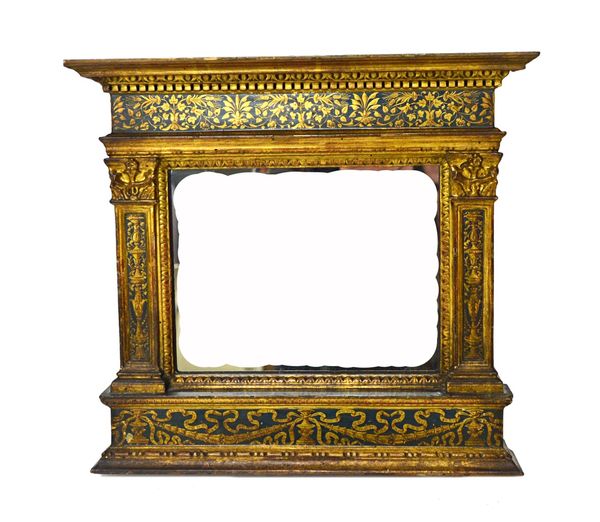 A 19th century Italian gilt framed wall mirror of architectural form with ribbon and floral spray decoration, 36cm wide x 33cm high. Illustrated.