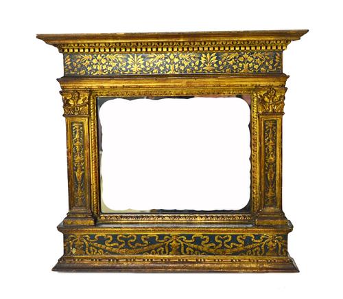 A 19th century Italian gilt framed wall mirror of architectural form with ribbon and floral spray decoration, 36cm wide x 33cm high. Illustrated.