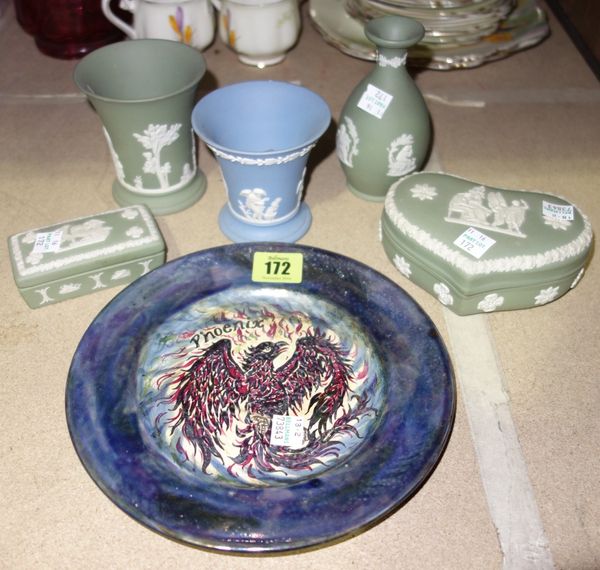 A group of ceramics including Wedgwood jasper items, a lustre plate with Phoenix and sundry.  CAB